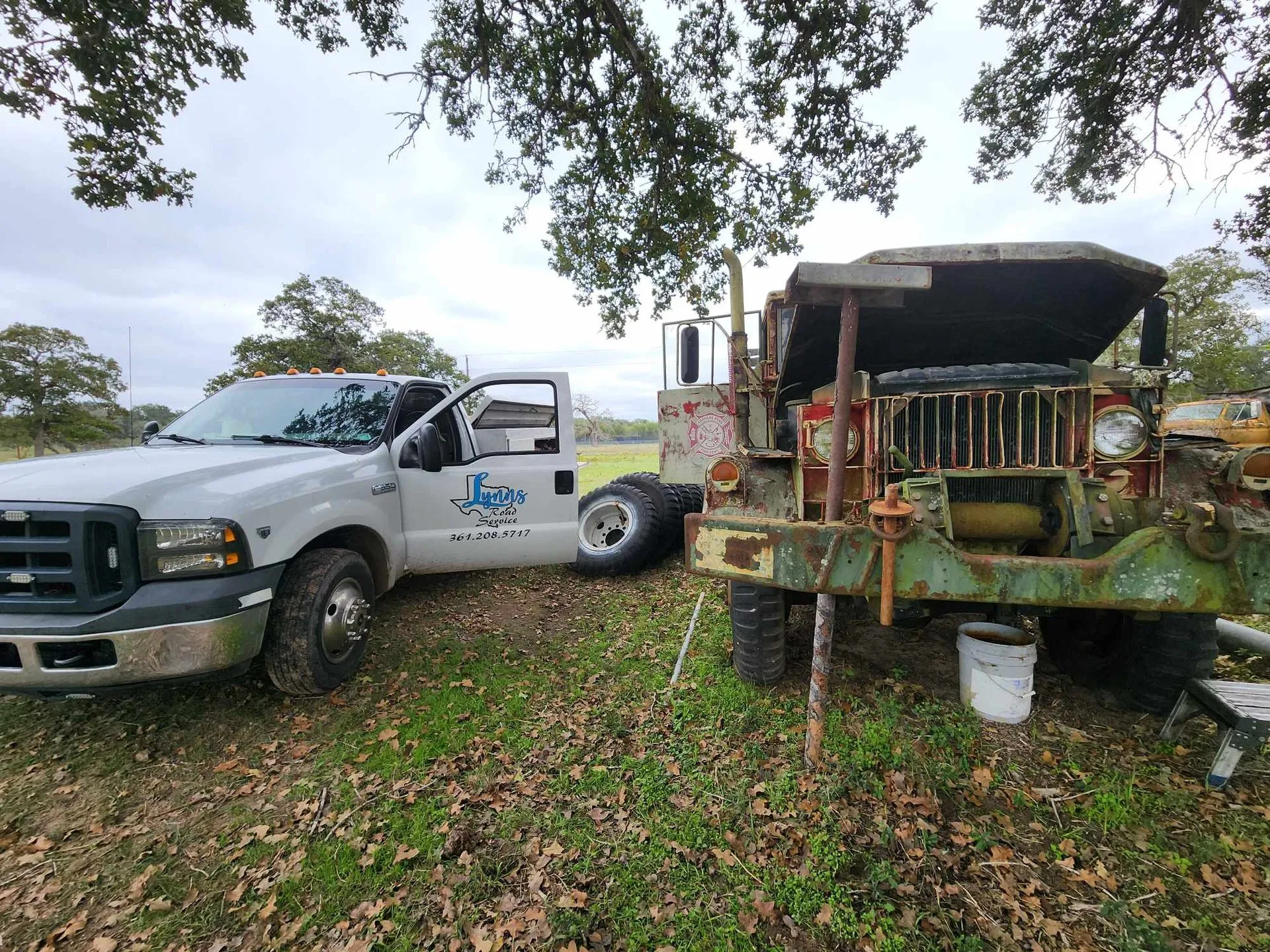 White pickup truck next to a vintage green military truck under trees.